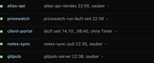 Die fünf Dienste des VPS mit ihrem letzten Timerlauf; atlas-api klappt auf mit Containern, Läufen und dem Abstand zu main