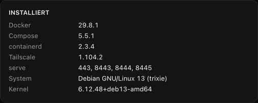 Installiert: Versionen von Docker, Compose, containerd, Tailscale, System und Kernel