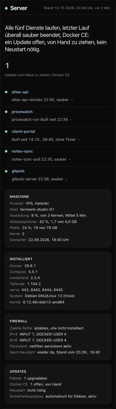 Das gitpuls-Dashboard von oben: die Serverzone eines VPS mit Diensten, Maschine, Firewall und Updates, darunter die GitHub-Zone mit den Commits von heute, dieser Woche und diesem Monat